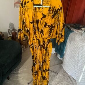 Yellow and Black Tie-Dye Wrap Dress